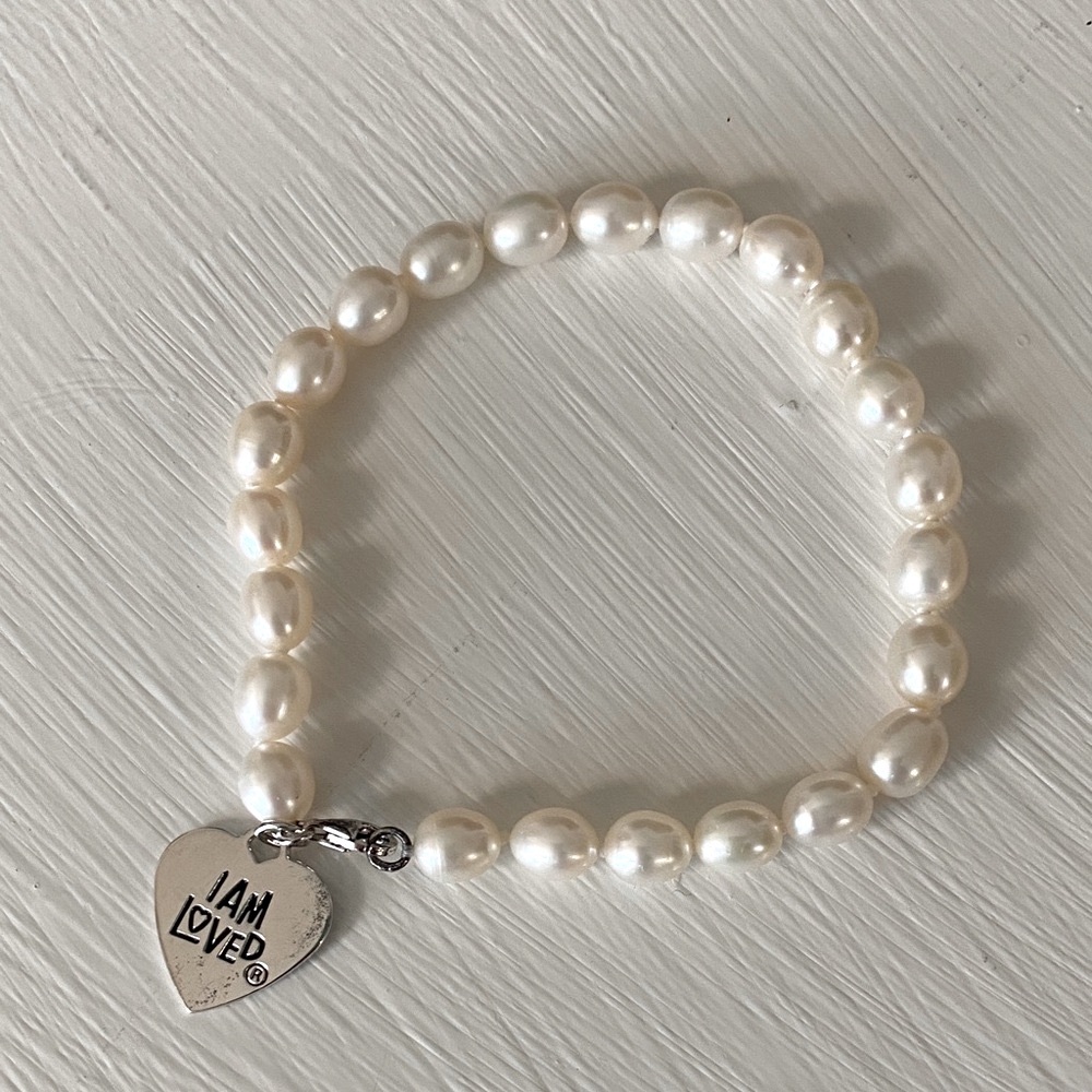 I AM LOVED Freshwater Cultured Pearl Bracelet Heart Charm Sterling Silver Beauty - Picture 3 of 6